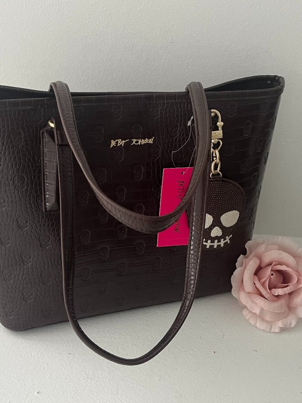 NWT Betsey Johnson Skull Croc-Embossed XOTOTO Shopper Tote Bag Color Chocolate